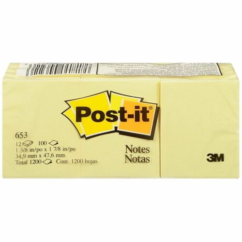 Post-it® Adhesive Note - 1 1/2" (38 mm) Flag/Note Width x 2 1/64" (51 mm) Flag/Note Length - Rectangle - 100 Sheets per Pad - Yellow - Indispensable, Removable - 12 / Pack