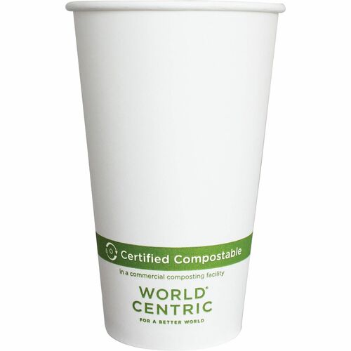 World Centric Compostable White Paper Hot Cups - 16 fl oz - White - Polylactic Acid (PLA) - Hot Drink, Coffee, Tea, Hot Chocolate, Cafe, Restaurant - 20 / Carton