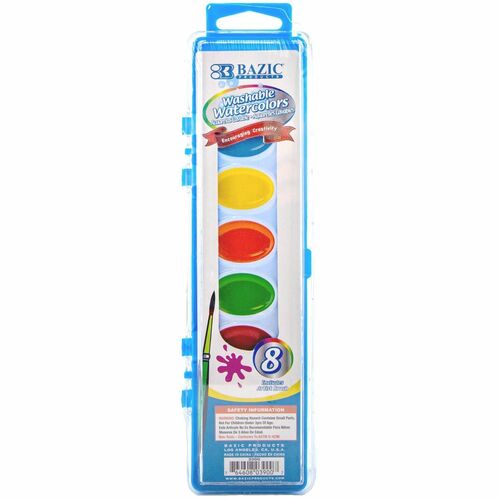 Bazic - Semi-Moist Watercolor Set - 8 washable colors - includes brush - water-based paints - easy color mixing - non-toxic - 1 set
