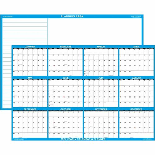 SwiftGlimpse 2024 Wall Calendar Planner Large 24" x 36" Reversible Blue - Large - Yearly - 12 Month - January 2024 to December 2024 - 36" x 24" Sheet Size - 1.25" x 1.25" Block - Wall Mount - Blue - Grommet, Durable, Erasable, Write on/Wipe off, Dry Erase