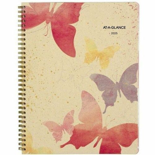 At-A-Glance Watercolors Recycled Planner - Julian Dates - Weekly, Monthly - 12 Month - January 2025 to December 2025 - 1 Week, 1 Month Double Page Layout - 8 1/2" x 11" Sheet Size - Beige Sheet - Wire Bound - 11" Height - Pocket, Watercolor - Large - Week