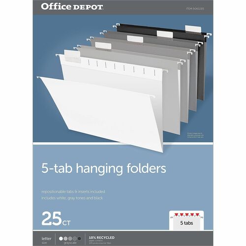 Office Depot® Brand Hanging File Folders, 1/5-Cut, Letter Size, Assorted Grayscale Colors, Pack Of 25 Folders - 8 1/2" x 11" - 3/4" Expansion - 11 pt. - Card Stock - Gray, White, Black - Tab - 10% Recycled - 25