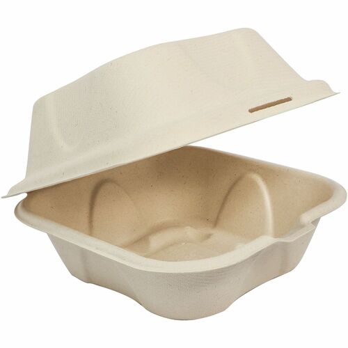 World Centric Compostable Fiber Hinged Containers - Food Storage, Food, Commercial - Natural - Fiber Body - 10 / Carton
