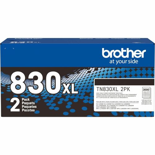 Brother Genuine TN830XL 2PK High Yield Black Toner Cartridge Twin-Pack - Laser - Black - High Yield - 2 Pack - 3,000 Pages Each