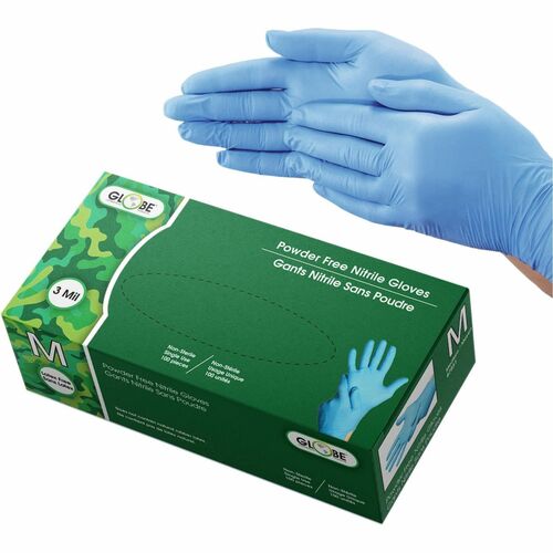 Globe Sky Blue 3 Mil Nitrile Gloves Powder-Free - Medium / Sky Blue / 10 Boxes of 100 - 3 mil (0.08 mm) Thickness x 9.06" (230 mm) Glove Length - Medium Size - For Right/Left Hand - Sky Blue - Latex-free, Allergen-free, Comfortable, Durable, Molded, Chemi