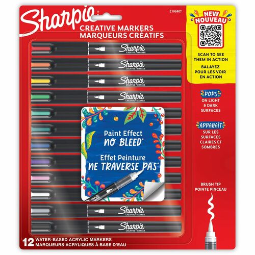 Sharpie Creative Markers, Water-Based Acrylic Markers, Brush Tip - Brush Marker Point - Assorted Ink - Water Based - Black Barrel - 12 / Pack