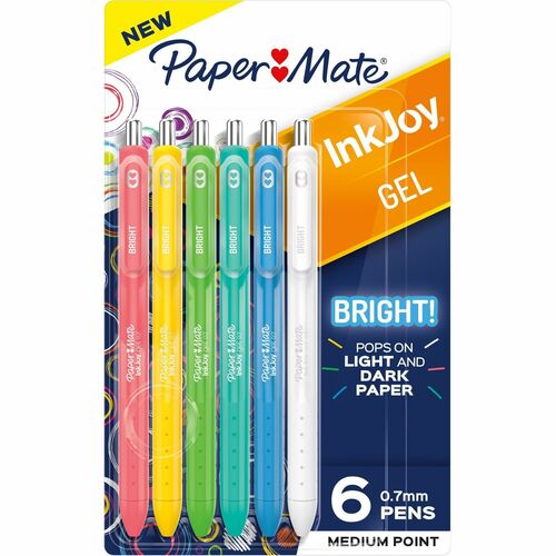 Paper Mate Inkjoy Gel Bright! Pens, Medium Point (0.7mm) - Medium Pen Point - 0.7 mm Pen Point Size - Retractable - Assorted - Assorted Barrel - 6 / Pack