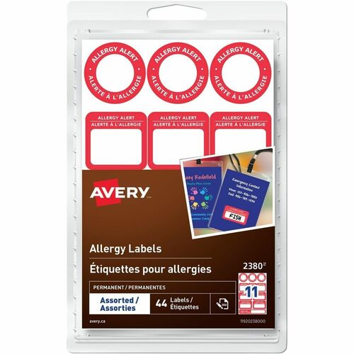 Avery Write-On Allergy Alert Labels - Waterproof - "Allergy Alert" - 4" Width x 6" Length - Permanent Adhesive - Assorted - White - Red Border - 44 / Pack - Write-on Label, Durable, Freezer Safe, Dishwasher Safe, Microwave Safe, Peel & Stick