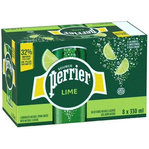 Perrier Flavored Water - Ready-to-Drink - Sugar Free - 330 mL - Citrus, Lime - 8 / Box