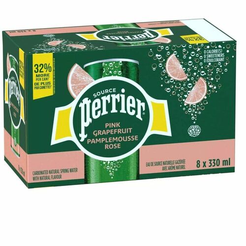 Perrier Flavored Water - Ready-to-Drink - Sugar Free - 330 mL - Pink Grapefruit - 8 / Box