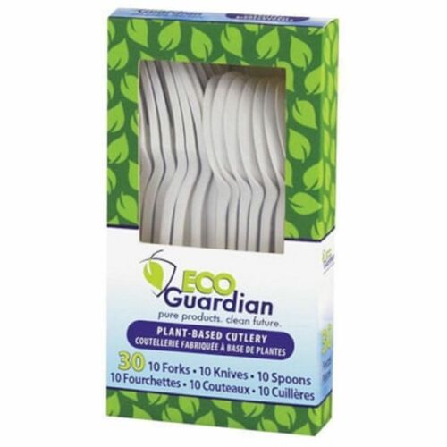 Eco Guardian Cutlery Set - 30 Piece(s) - Cutlery Set - 10 x Spoons - 10 x Forks - 10 x Knives - Breakroom - Disposable - Plant Starch - Natural White - 30 / Pack