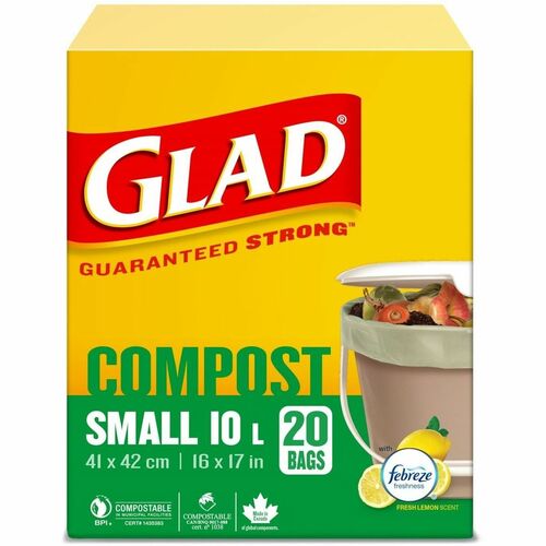 Glad Trash Bag - Fresh Lemon - 10 L Capacity - 17" (431.80 mm) Length x 16" (406.40 mm) Width - Brown - Polyester - Kitchen, Indoor - 20 / Pack