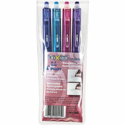 Pilot FriXion Ball Gel Pen - 0.7 mm (0.03") Fine Pen Point - Refillable - Retractable - Erasable - Purple, Pink, Turquoise, Blue Ink - Thermosensitive Gel Ink - Blue, Turquoise, Pink, Purple Barrel - Stainless Steel, Carbide Tip - 4 / Pack