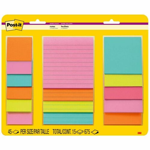 Post-it® Super Sticky Note Pad - 3" (76.20 mm) Flag/Note Width x 3" (76.20 mm) Flag/Note Length, 2" (50.80 mm) Flag/Note Width x 2" (50.80 mm) Flag/Note Length, 4" (101.60 mm) Flag/Note Width x 4" (101.60 mm) Flag/Note Length - Square - 45 Sheets per