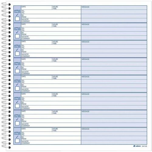 Adams Voice Mail Log Book, Bilingual, 800 messages - 50 Sheet(s) - 20 lb (9071.85 g) - Spiral Bound - Carbon Copy - 8 1/4" (21 cm) x 8 1/2" (21.6 cm) Sheet Size - White - White Sheet(s)