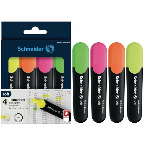 Schneider Job Highlighter - 1 mm (0.04") Chisel, 5 mm (0.20") Marker Point - Refillable - Neon Pink, Neon Yellow, Neon Orange, Neon Green Ink - Black Polypropylene Barrel - 4 / Pack