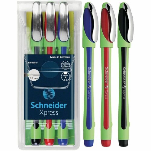Schneider Xpress Pen - 0.8 mm (0.03") Pen Point - Black, Blue, Red Ink - Water Based - Black, Blue, Red, Light Green Barrel - Felt, Metal Tip - 3 / Pack