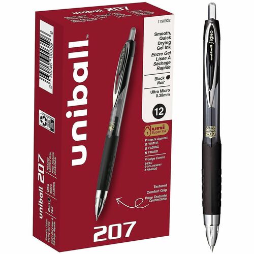 uniball™ 207 Gel Pens - Retractable - Black Ink - Pigment-based, Gel-based - Clear, Black Barrel - Stainless Steel Tip - Office, Home, Classroom, Writing - 1 Dozen