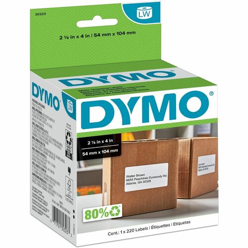 Dymo LW Shipping Labels - 2 1/8" Width x 4" Length - Direct Thermal - White - 220 / Roll - 10 / Carton - Peel & Stick, Strong, Self-adhesive, Jam-free