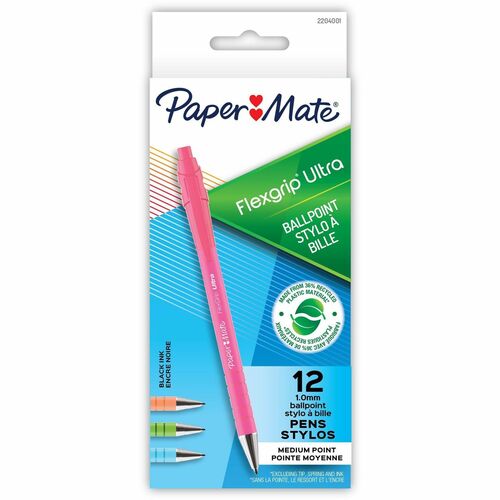 Paper Mate Flexgrip Ultra Recycled Pens - Medium Pen Point - 1 mm Pen Point Size - Retractable - Black - Green Rubberized, Pink, Orange, Blue Barrel - 12 / Dozen