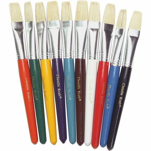 Pacon Color Coded Flat Stubby Brushes - 10 Brush(es) - 7.50" - Aluminum Ferrule