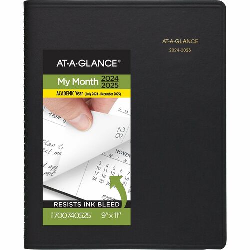 At-A-Glance Academic 2024-2025 Monthly Planner, Black, Large, 9" x 11" - Large Size - Academic - Monthly - 18 Month - July 2024 - December 2025 - 1 Month Double Page Layout - 11" x 9" White Sheet - 2" x 2" Block - Twin Wire - Black - Black Faux Leather Co