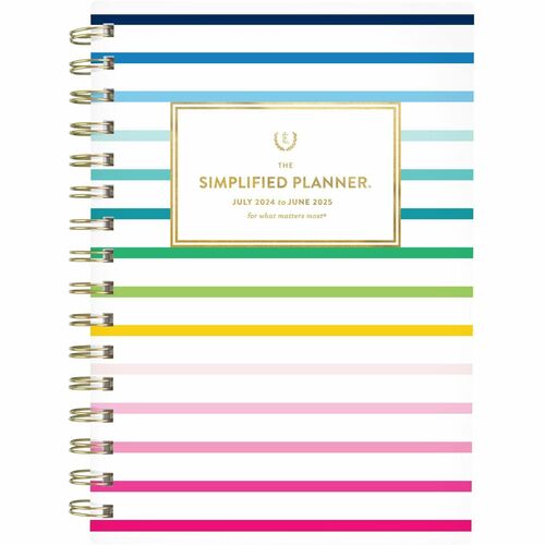 Emily Ley Simplified Academic Planner - Small Size - Academic - Weekly, Monthly - 12 Month - July 2024 - June 2025 - 1 Week, 1 Month Double Page Layout - 5 1/2" x 8 1/2" White Sheet - Wire Bound - Blue, Green, Pink, Yellow - Poly CoverTabbed, Flexible, Bl
