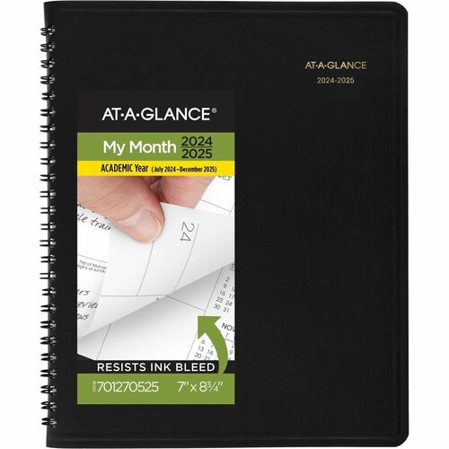 At-A-Glance Academic 2024-2025 Monthly Planner, Black, Medium, 7" x 8 3/4" - Medium Size - Academic - Monthly - 18 Month - July 2024 - December 2025 - 1 Month Double Page Layout - 7" x 8 3/4" White Sheet - 1.56" x 1.63" Block - Wire Bound - Black Faux Lea