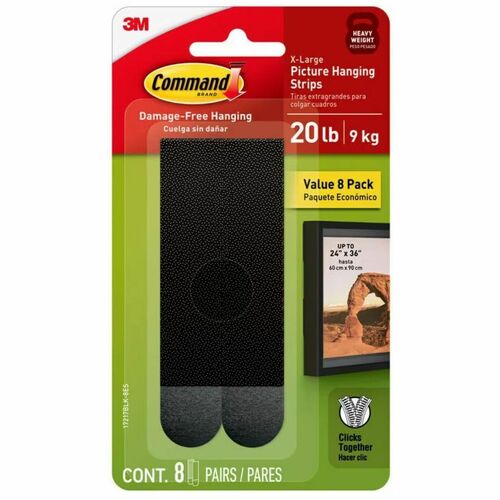 Command Hanging Strip - 20 lb (9.07 kg) Capacity - for Apartment, Board, Clock, Concrete, Decoration, Dorm, Frame, Home, Mirror, Office, Pictures, ... - Black - 8 Pair