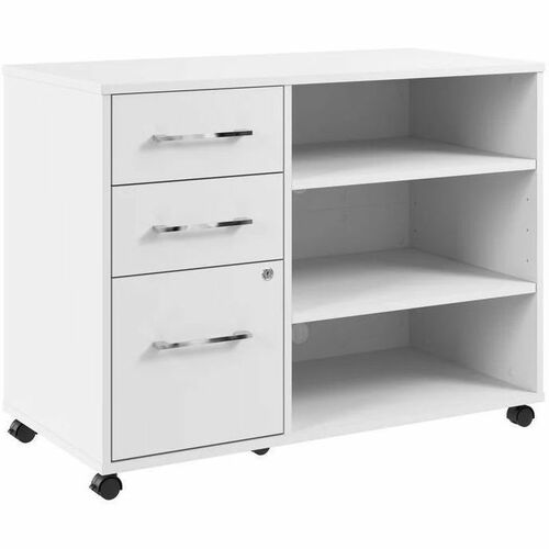 Bush Business Furniture Hustle Office Storage Cabinet with Wheels - 3 x File, Box Drawer(s) - 2 Adjustable Shelf(ves) - Material: Metal, Engineered Wood, Plastic, Laminate, Thermofused Laminate (TFL) - Finish: White - Wheel, Drawer Extension, Ball Bearing
