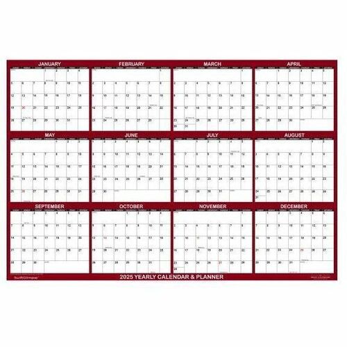 2025 SwiftGlimpse Daily/Yearly Wall Calendar, 36" x 54" , Maroon, January 2025 To December 2025, SG 2025 MAR - Large - Regular - Daily, Yearly - January 2025 to December 2025 - Maroon/White Sheet - Cut-flush - Wall Mount - 36" Height