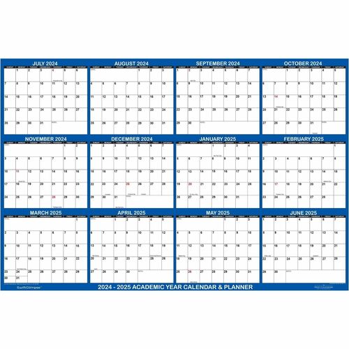 SwiftGlimpse 2024 - 2025 Academic Planning Calendar 48" x 72" Navy - Academic - Yearly, Daily - 12 Month - July 2024 to June 2025 - 72" x 48" Sheet Size - 2.50" x 3" Block - Wall Mount - Navy - Planing Calendar, Grommet, Durable, Erasable, Write on/Wipe o