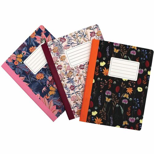 Pukka Pads Bloom Composition Book 3 Pack - 70 Sheets - 140 Pages - Printed - Stitched - 80 g/m² Grammage - 9.70" Height x 7.5" Width - Assorted Cover - 3 / Pack