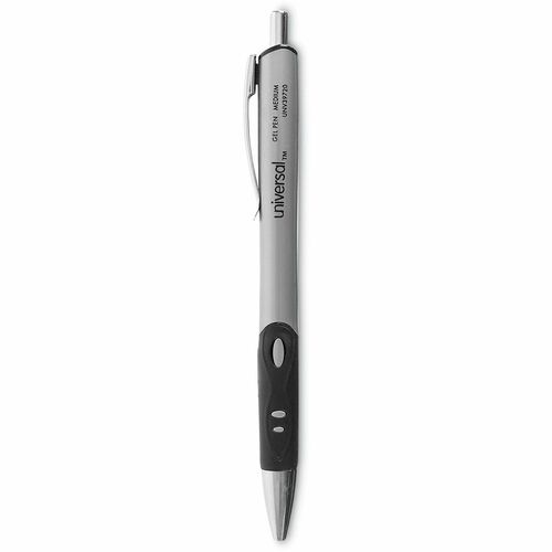 Universal Comfort Grip Gel Pen - 0.7 mm Medium Conical Pen Point - Retractable - Black Ink - Water Based - Gray, Black, Silver Barrel - 1 Dozen