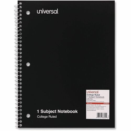 Universal Notebook - 1 Subject(s) - 100 Sheets - Spiral - College Ruled, Medium Ruled Front Ruling - Letter - 11" x 8 1/2" Sheet Size - Black Paperboard Cover