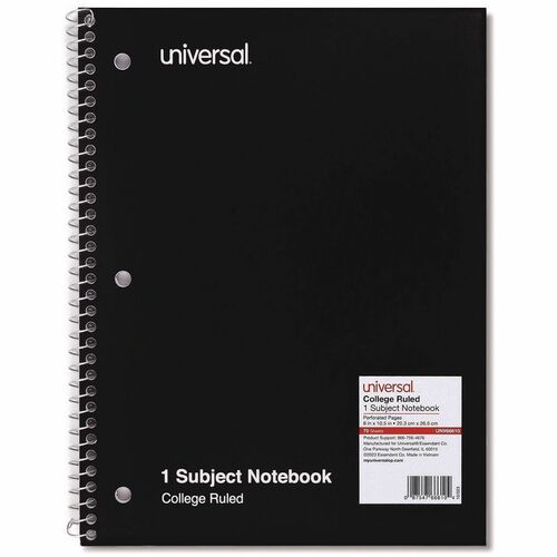 Universal Notebook - 1 Subject(s) - Spiral - College Ruled Front Ruling - 3 Hole(s) - 10 1/2" x 8" Sheet Size - White Paper - Black Paperboard Cover