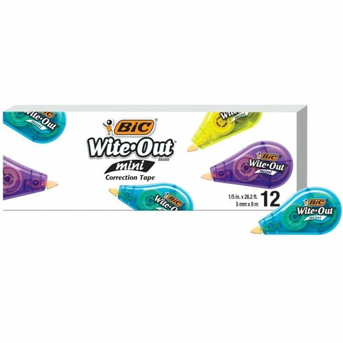 BIC Wite-Out Mini Correction Tape - 16.1 ft (4.90 m) Tape Length - White Tape - Compact, Film-based, Writable Surface, Tear Resistant, Non-refillable - Assorted - Film - 12 / Pack