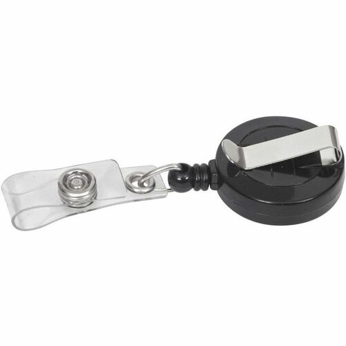Merangue ID Badge Reels - Vertical - 1.25" (31.75 mm) Height x 1.20" (30.48 mm) Width - Plastic, Metal - Black, Clear - Retractable, Reusable - 25 / Pack