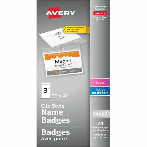 Avery® Garment-Friendly Clip-Style Name Badge Kit, White, 4" x 3" , 24/BX - 3" (76.20 mm) Width x 4" (101.60 mm) Height - Insertable, Reusable, PVC-free, Durable, Swivel - Clear, White - 24 / Box