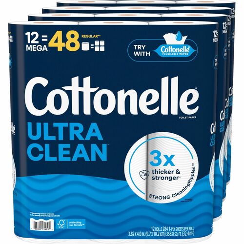 Cottonelle Ultra Clean Toilet Paper - 1 Ply - 248 Sheets/Roll - White - Paper, FiberPack - 12 Pack - 4 / Carton