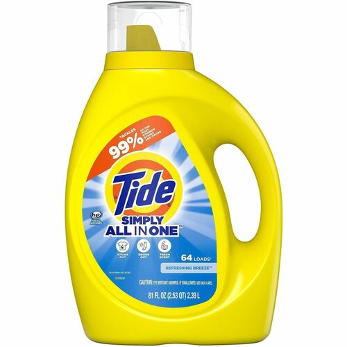 Tide Simply All-in-1 Detergent - For Laundry, Clothes - Liquid - 84 fl oz (2.6 quart) - Refreshing Breeze Scent - 64 Loads - Recommended For: Odor Remover, Stain Remover - Yellow