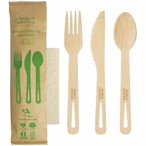 World Centric Compostable Bamboo Cutlery Set - Cutlery Set - Spoon - Fork - Knife - Food - Bamboo - Natural - 250 / Carton