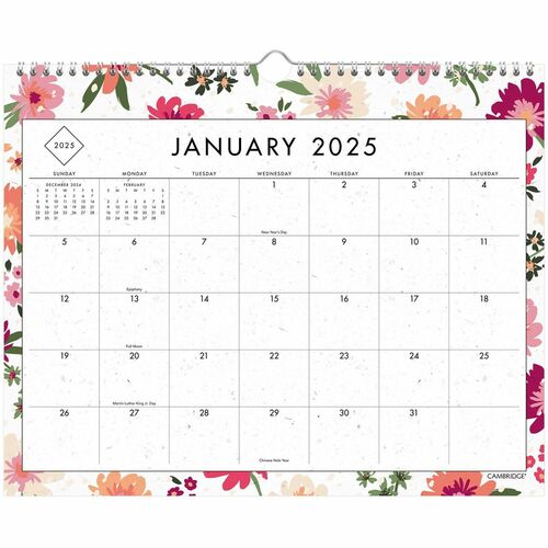 Cambridge GreenPath Wall Calendar - Monthly - 12 Month - January - December - 1 Month Single Page Layout - 15" x 12" Sheet Size - 1.93" x 1.37" Block - Twin Wire - Wall Mount - Multi - Dated Planning Page, Floral Design, Unruled Daily Block, Hanging Loop,