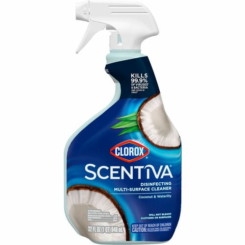 Clorox Scentiva Multi-Surface Cleaner - For Multi Surface, Multipurpose - Spray - 32 fl oz (1 quart) - Coconut & Water Lily Scent - 9 / Carton - Disinfectant, Bleach-free, Long Lasting, Deodorize, Freshen - Blue