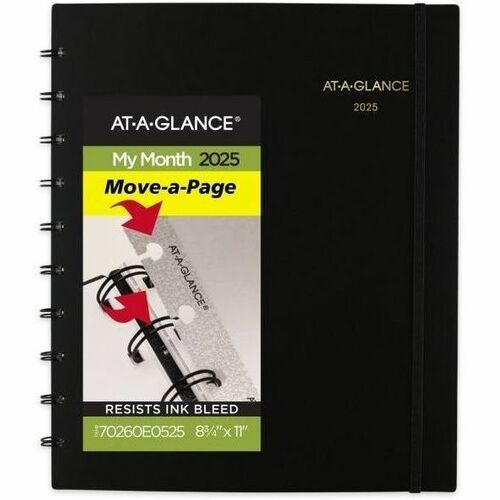 At-A-Glance Move-A-Page 2025 Monthly Planner, Black, Large, 8 3/4" x 11" - Large Size - Monthly - 12 Month - January 2025 - December 2025 - 1 Month Double Page Layout - 8 3/4" x 11" White Sheet - 2" x 2" Block - Wire Bound - Bungee Strap - Black - Poly - 