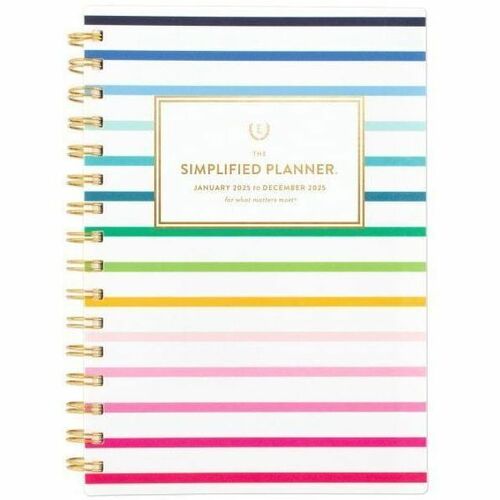 Emily Ley Simplified 2025 Weekly Monthly Planner, Happy Stripe, Small, 5 1/2" x 8 1/2" - Small Size - Weekly, Monthly - 12 Month - January 2025 - December 2025 - 1 Week, 1 Month Double Page Layout - 5 1/2" x 8 1/2" White Sheet - Wire Bound - Blue Poly, Gr