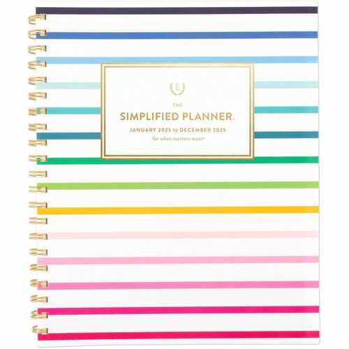 Emily Ley Simplified 2025 Weekly Monthly Planner, Happy Stripe, Large, 8 1/2" x 11" - Large Size - Weekly, Monthly - 12 Month - January 2025 - December 2025 - 1 Week, 1 Month Double Page Layout - 8 1/2" x 11" White Sheet - Wire Bound - Blue Poly, Green Po