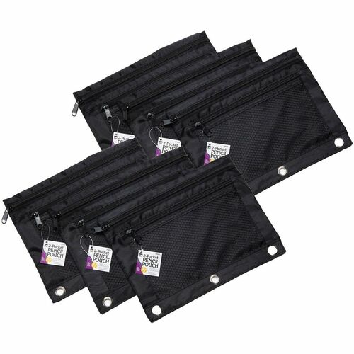 Charles Leonard 2-Pocket Binder Pencil Pouches - 3 x Holes - 3 x Rings - Ring Binder - Black - Nylon, Fabric - 1 Each