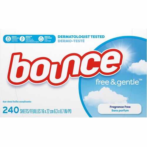 Bounce Free & Gentle Dryer Sheets - For Clothes, Fabric - Sheet - 9" Length x 6.40" Width - Dye-free, Scent-free, Hypoallergenic, Fragrance-free, Soft - White - 240Box - 4 / Carton