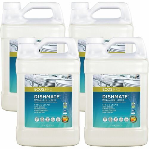 ECOS PRO Dishmate Manual Dishwashing Liquid - For Dish, Sink - Concentrate - Liquid - 128 fl oz (4 quart) - Free & Clear Scent - Recommended For: Grease Remover, Residue Remover, Food Remover - Aseptic, pH Balanced, Dye-free, Residue-free, Skin-friendly, 
